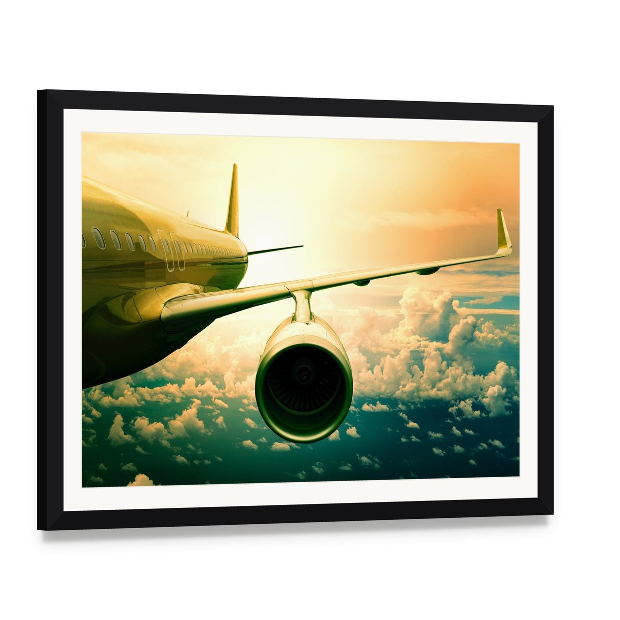 Airplane Wings Flying Above Clouds Canvas Wall Art, framed print with white mat and black frame, angled product view