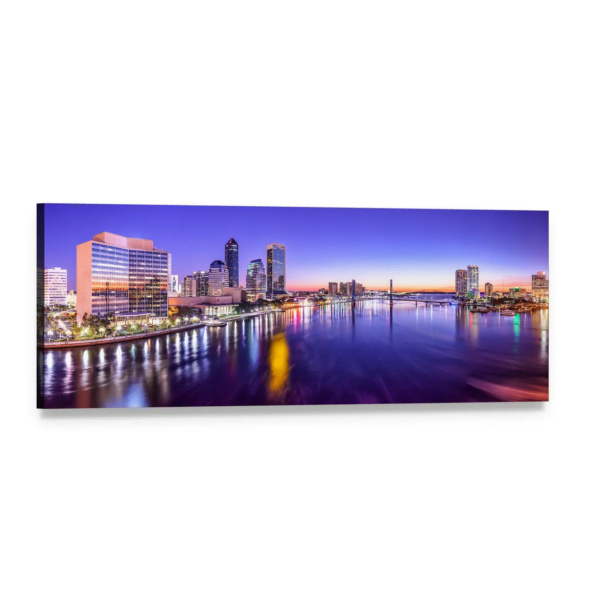 Riverfront City Skyline at Dawn Panoramic Canvas Wall Art, single panel gallery wrapped canvas, angled product view