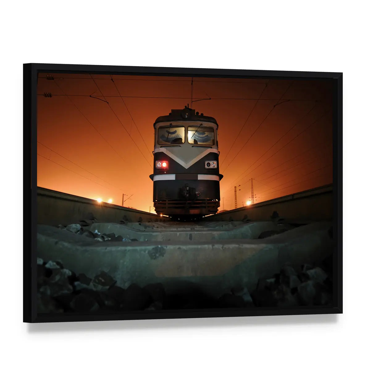 Chinese Electric Train at Night Canvas Wall Art, framed canvas in a black floater frame, angled product view