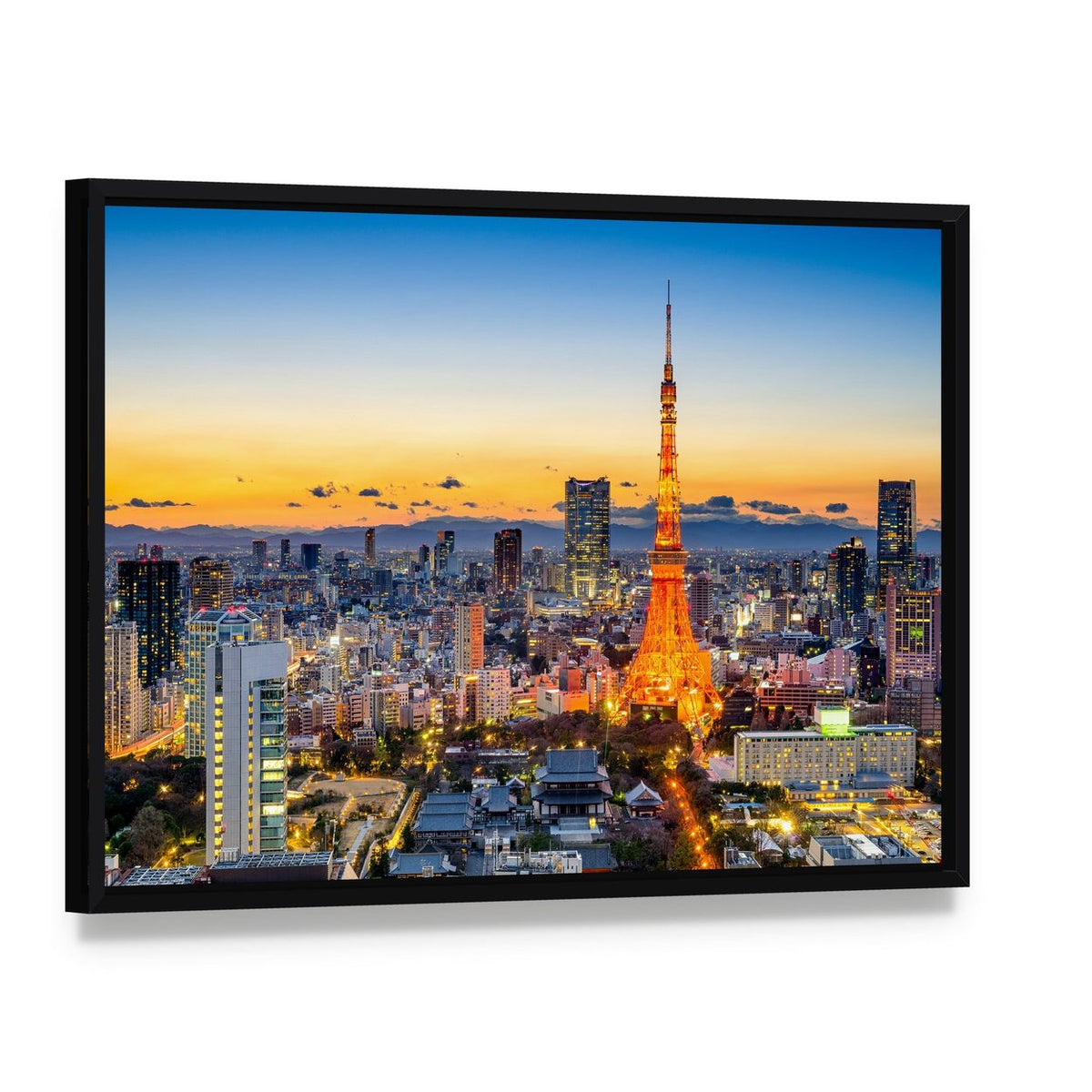 Tokyo Tower at Sunset Canvas Wall Art, framed canvas in a black floater frame, angled product view