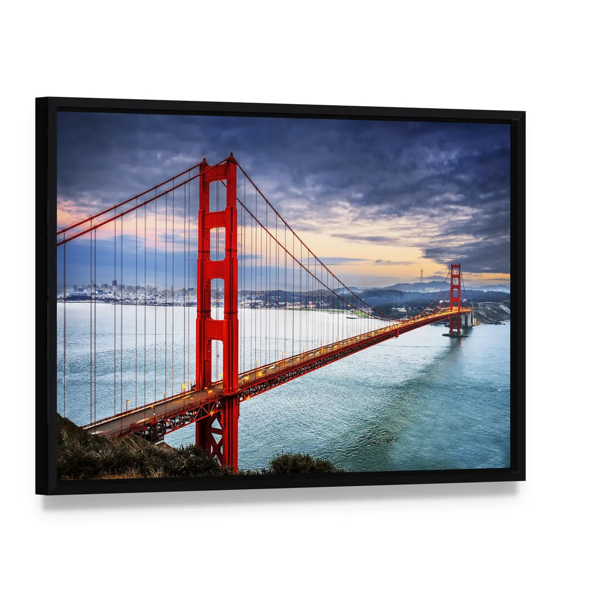 Golden Gate Bridge at Dusk Canvas Wall Art, framed canvas in a black floater frame, angled product view