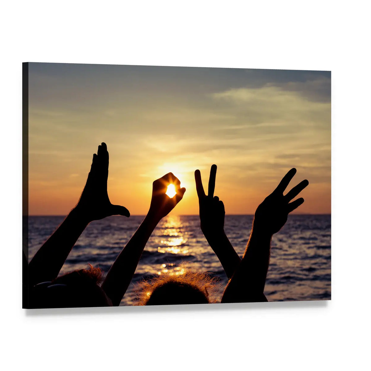 Hands Spelling Love at Sunset Canvas Wall Art, single panel gallery wrapped canvas, angled product view