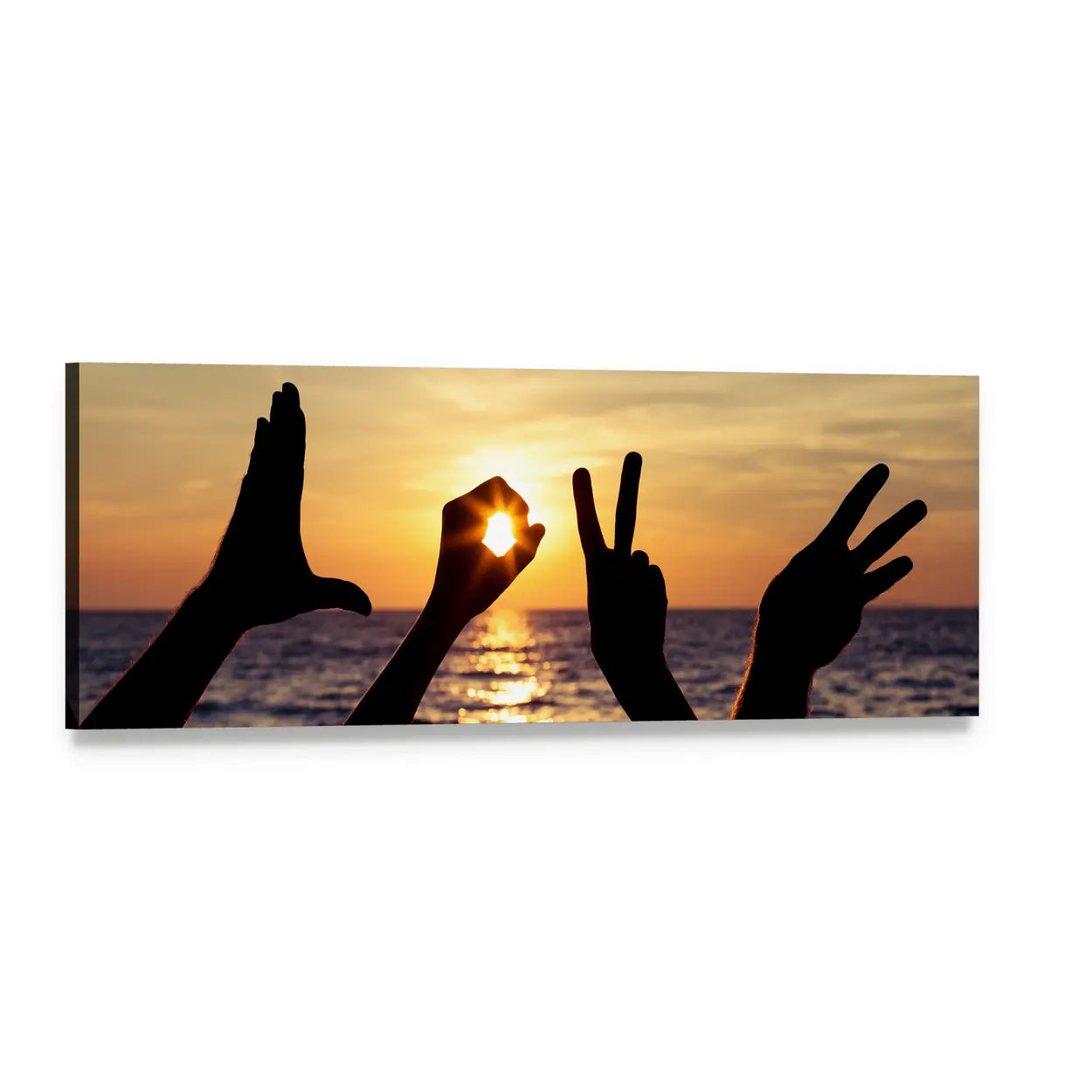 Hand Silhouettes Spelling Love at Sunset Panoramic Canvas Wall Art, single panel gallery wrapped canvas, angled product view