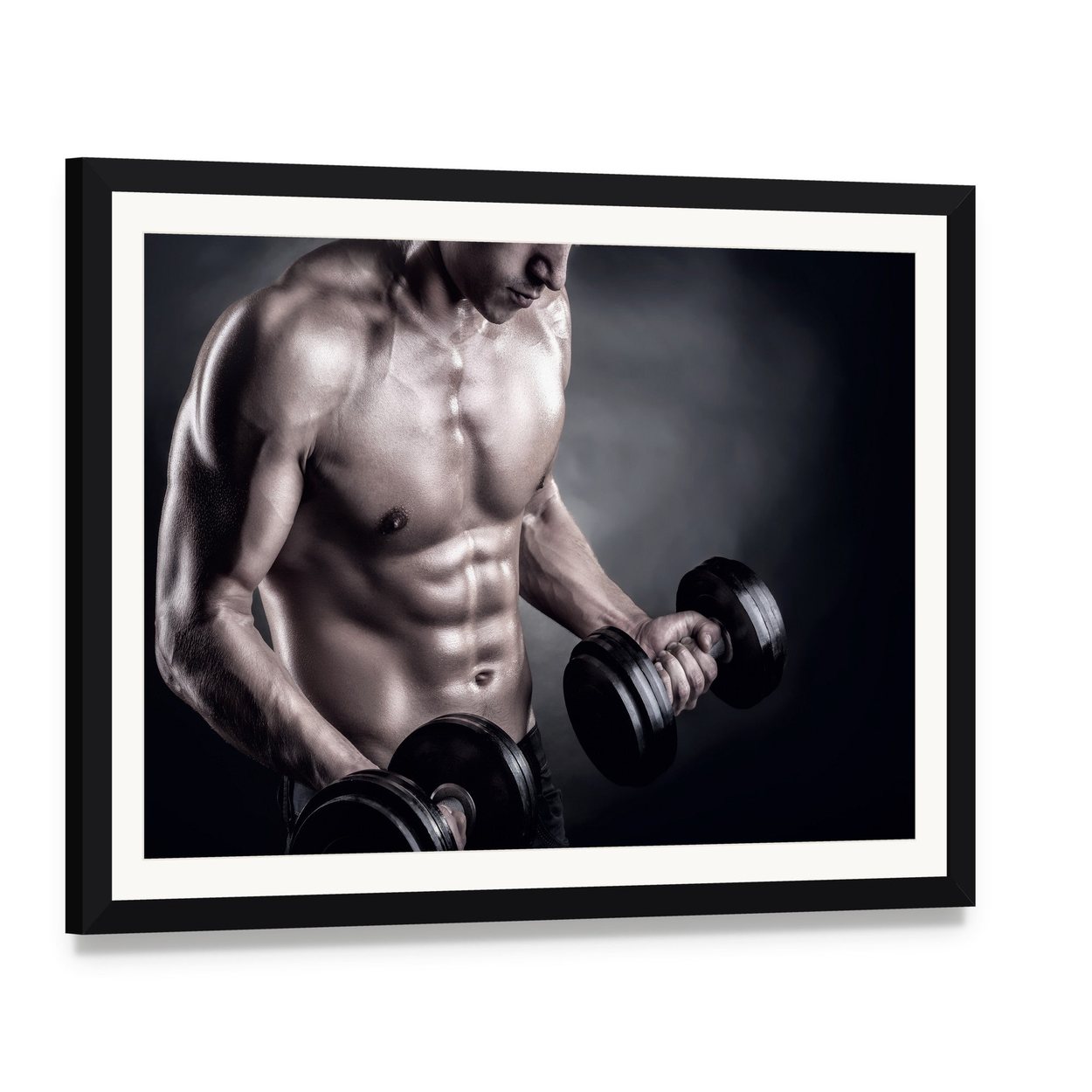 Bodybuilder Lifting Weights Canvas Wall Art, framed print with white mat and black frame, angled product view