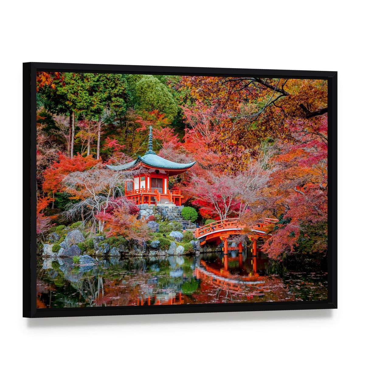 Autumn Serenity at Japanese Temple Canvas Wall Art, framed canvas in a black floater frame, angled product view