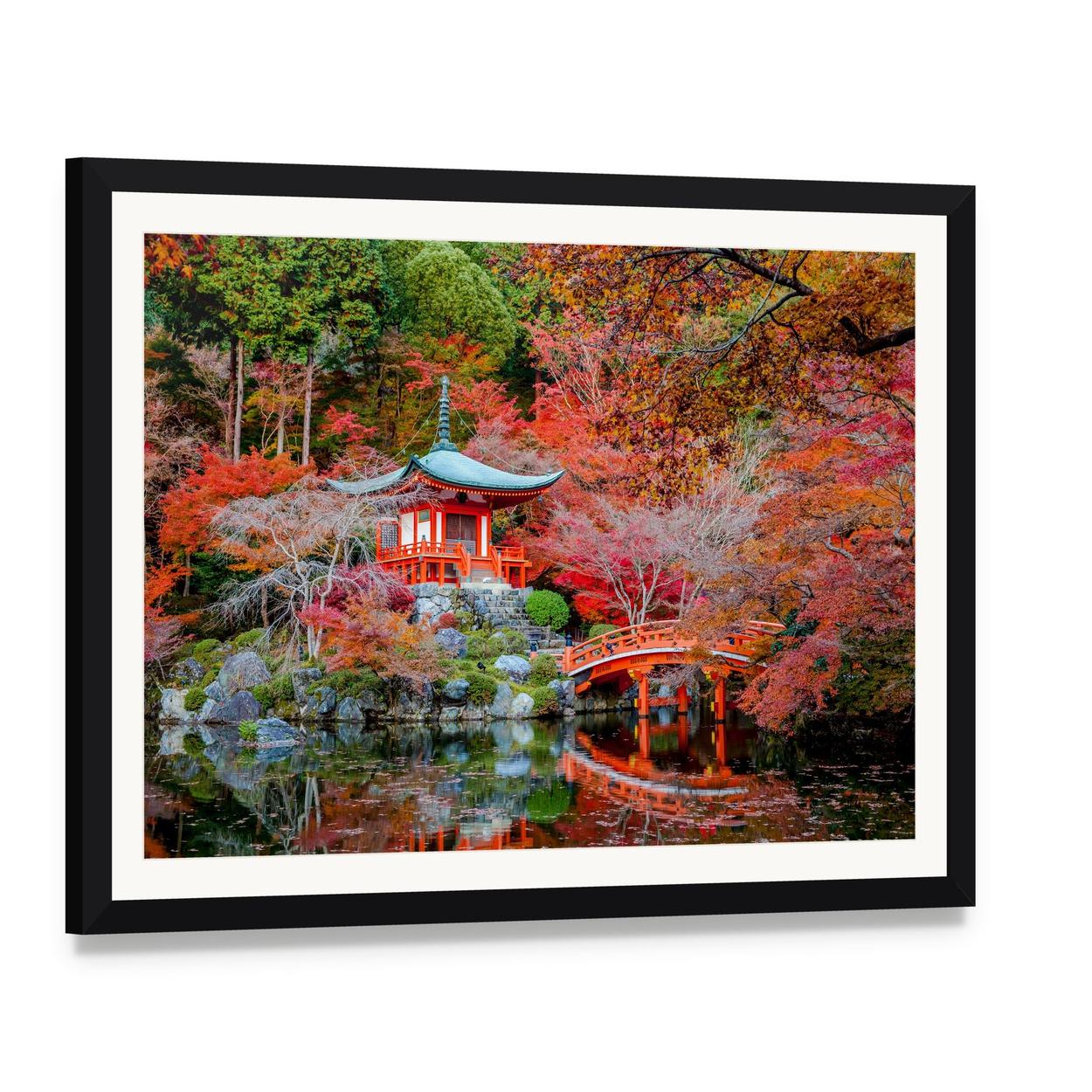 Autumn Serenity at Japanese Temple Canvas Wall Art, framed print with white mat and black frame, angled product view