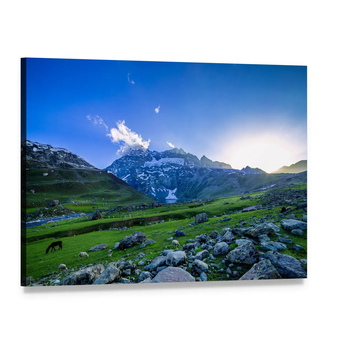 Green Farm Field with Snow-capped Mountains Canvas Wall Art, single panel gallery wrapped canvas, angled product view