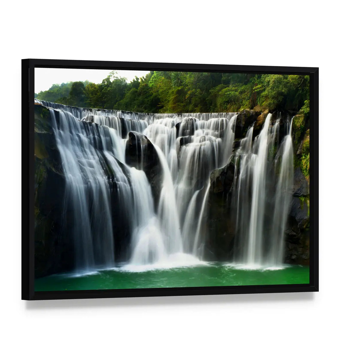 Waterfall In ShiFen Taiwan Canvas Wall Art, framed canvas in a black floater frame, angled product view