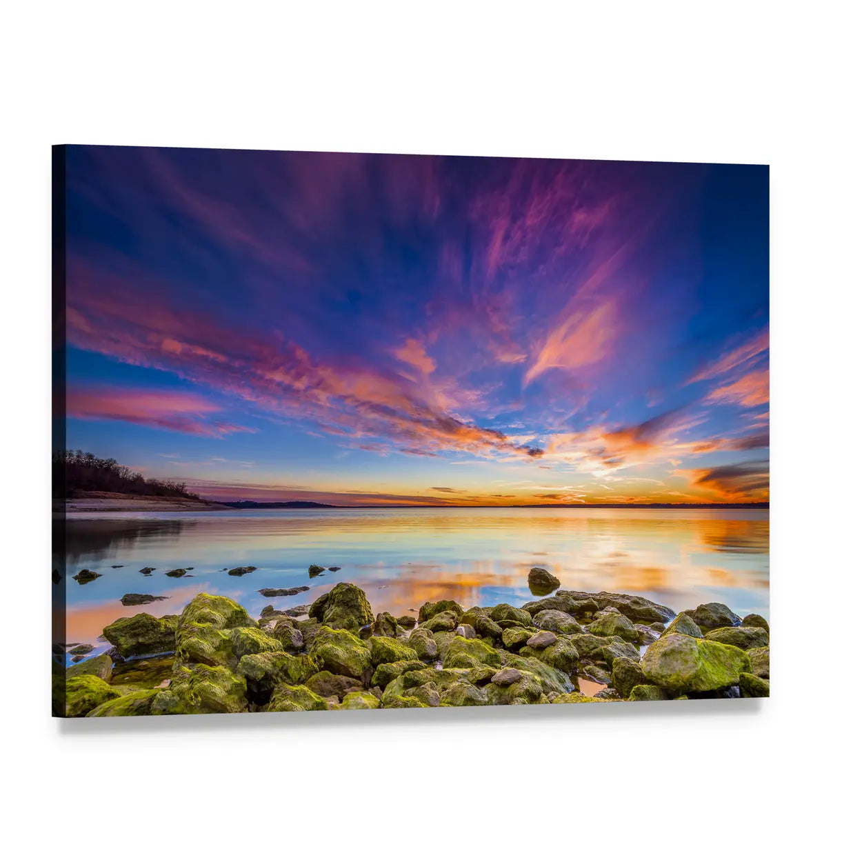 Benbrook Lake Sunset Reflection Canvas Wall Art, single panel gallery wrapped canvas, angled product view