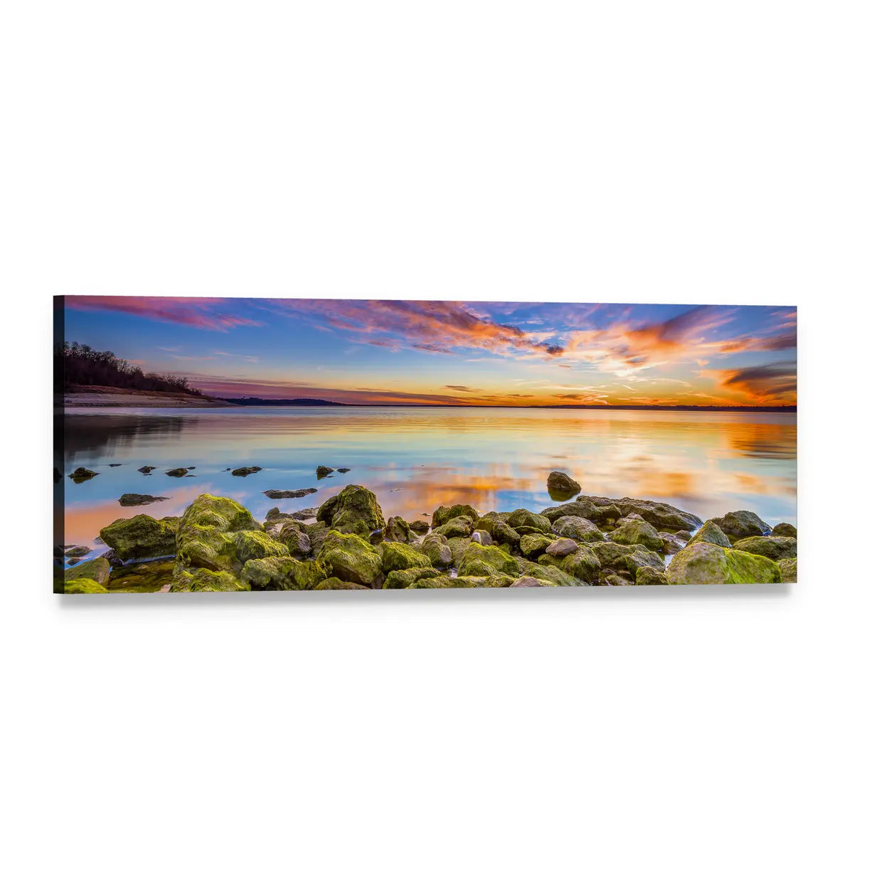 Benbrook Lake Sunset with Mossy Rocks Panoramic Canvas Wall Art, single panel gallery wrapped canvas, angled product view