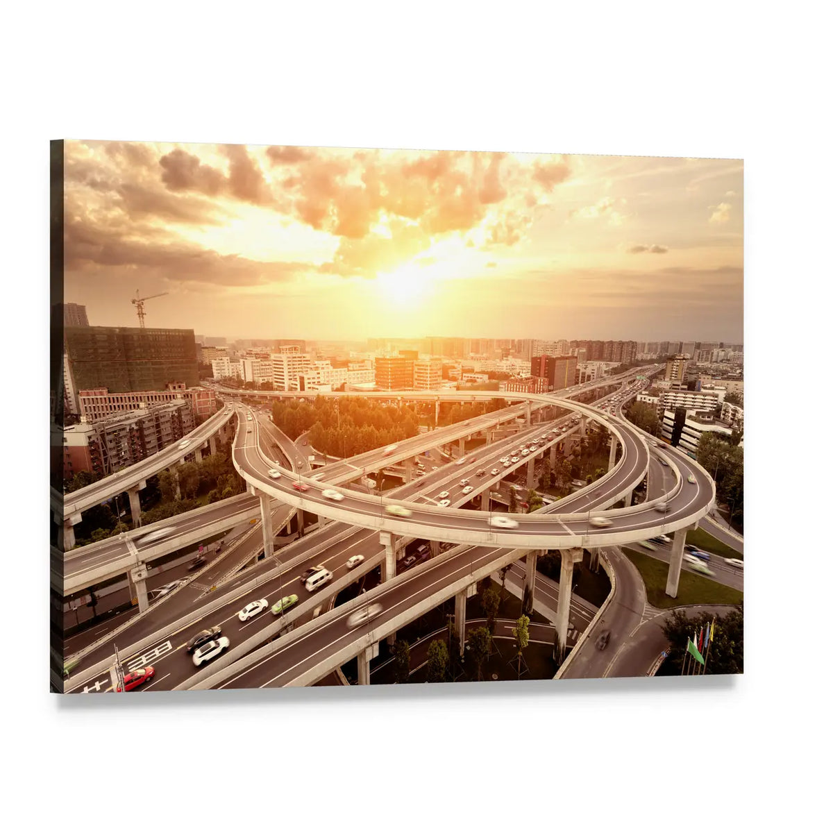 Highway Interchange with City Skyline at Sunset Canvas Wall Art, single panel gallery wrapped canvas, angled product view