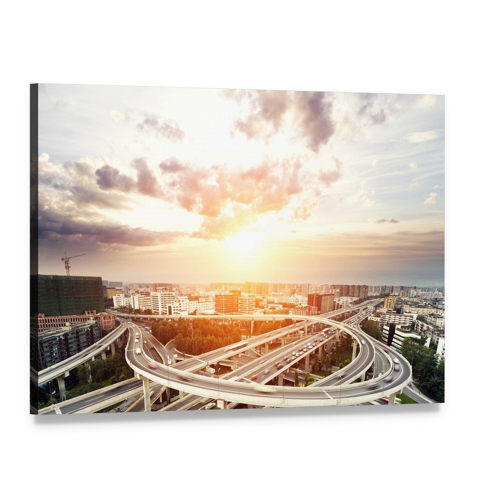 Urban Sunset Over Highway Interchange Canvas Wall Art, single panel gallery wrapped canvas, angled product view
