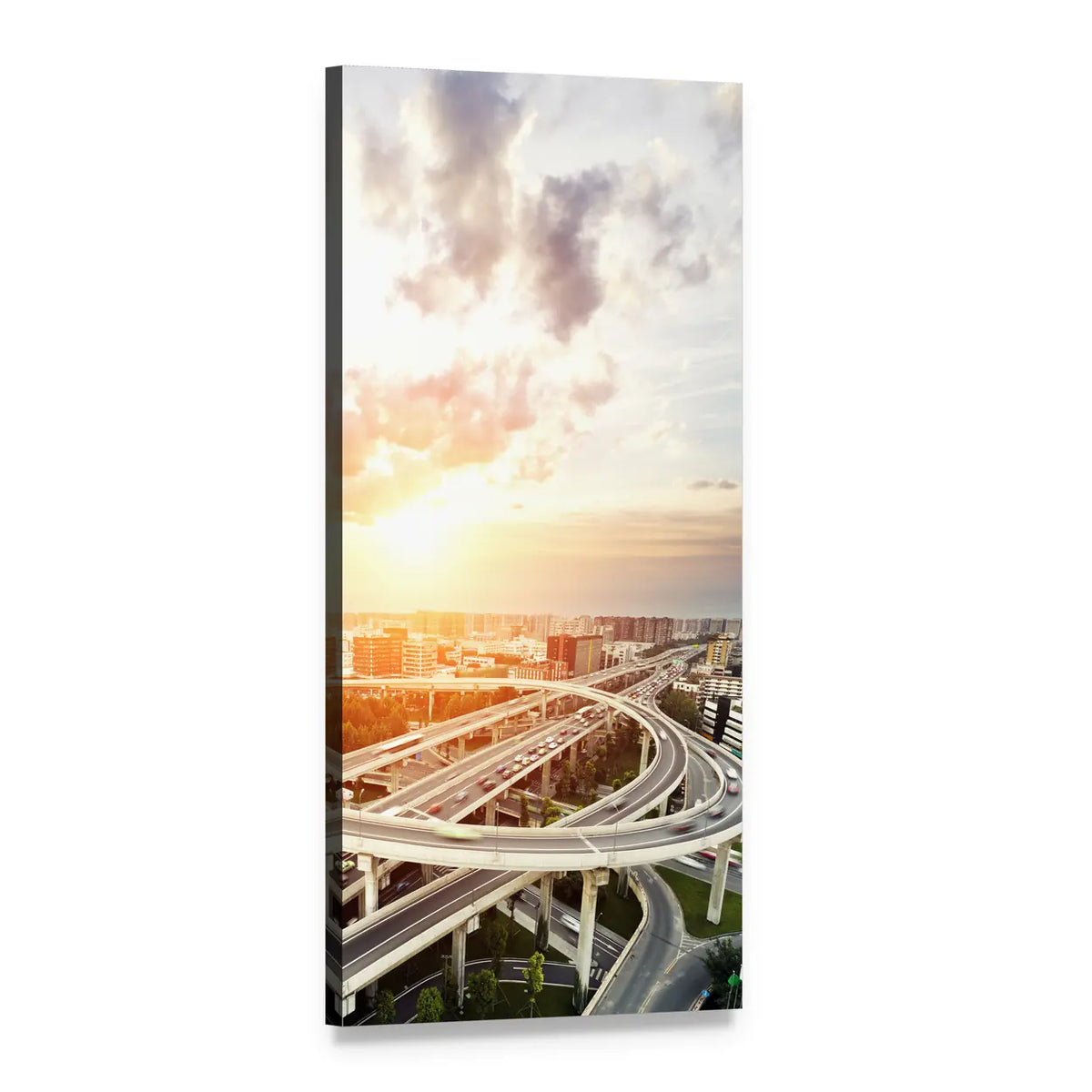 Skyline and Highway Interchange at Sunset Vertical Canvas Wall Art, 1 panel 1 Vertical layout gallery wrapped canvas set, angled product view