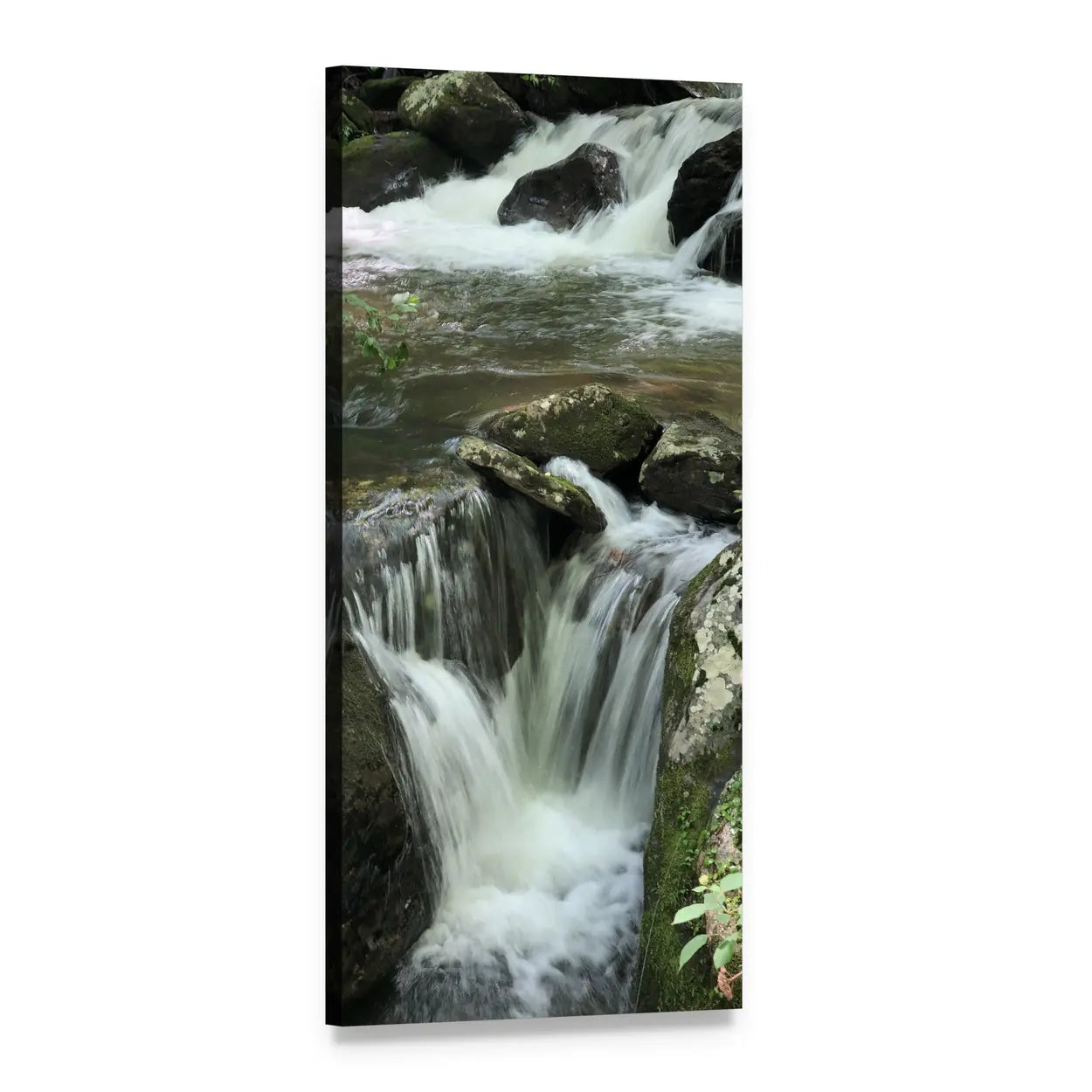 Sequenced Waterfall with Mossy Rocks Vertical Canvas Wall Art, 1 panel 1 Vertical layout gallery wrapped canvas set, angled product view