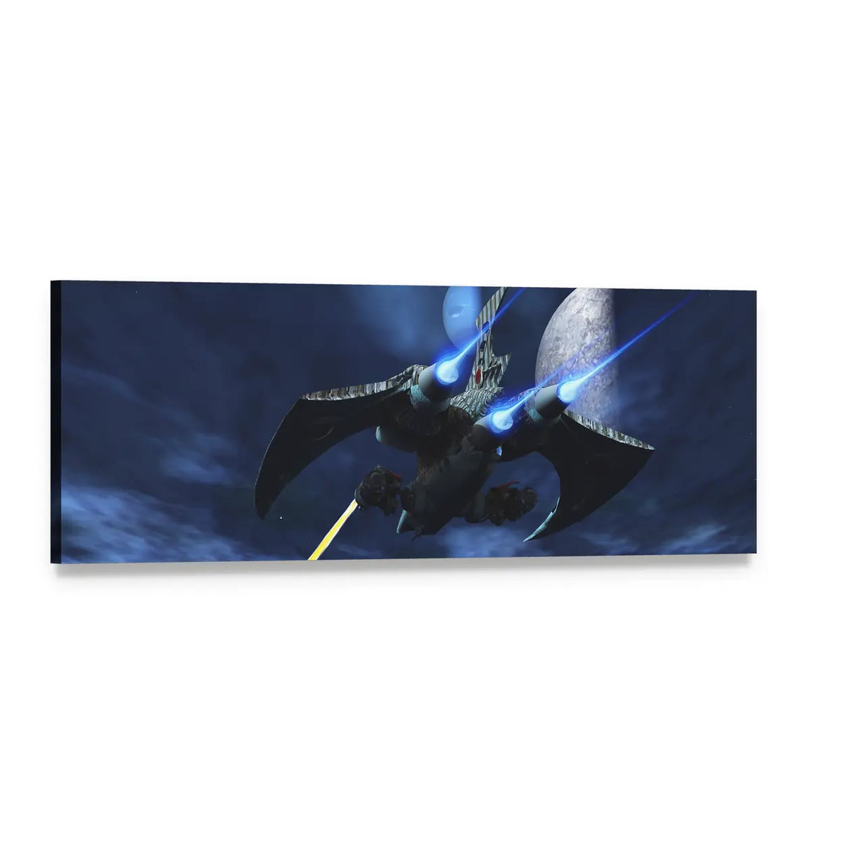 Bat-wing Starfighters Over Twin Planets Panoramic Canvas Wall Art, single panel gallery wrapped canvas, angled product view