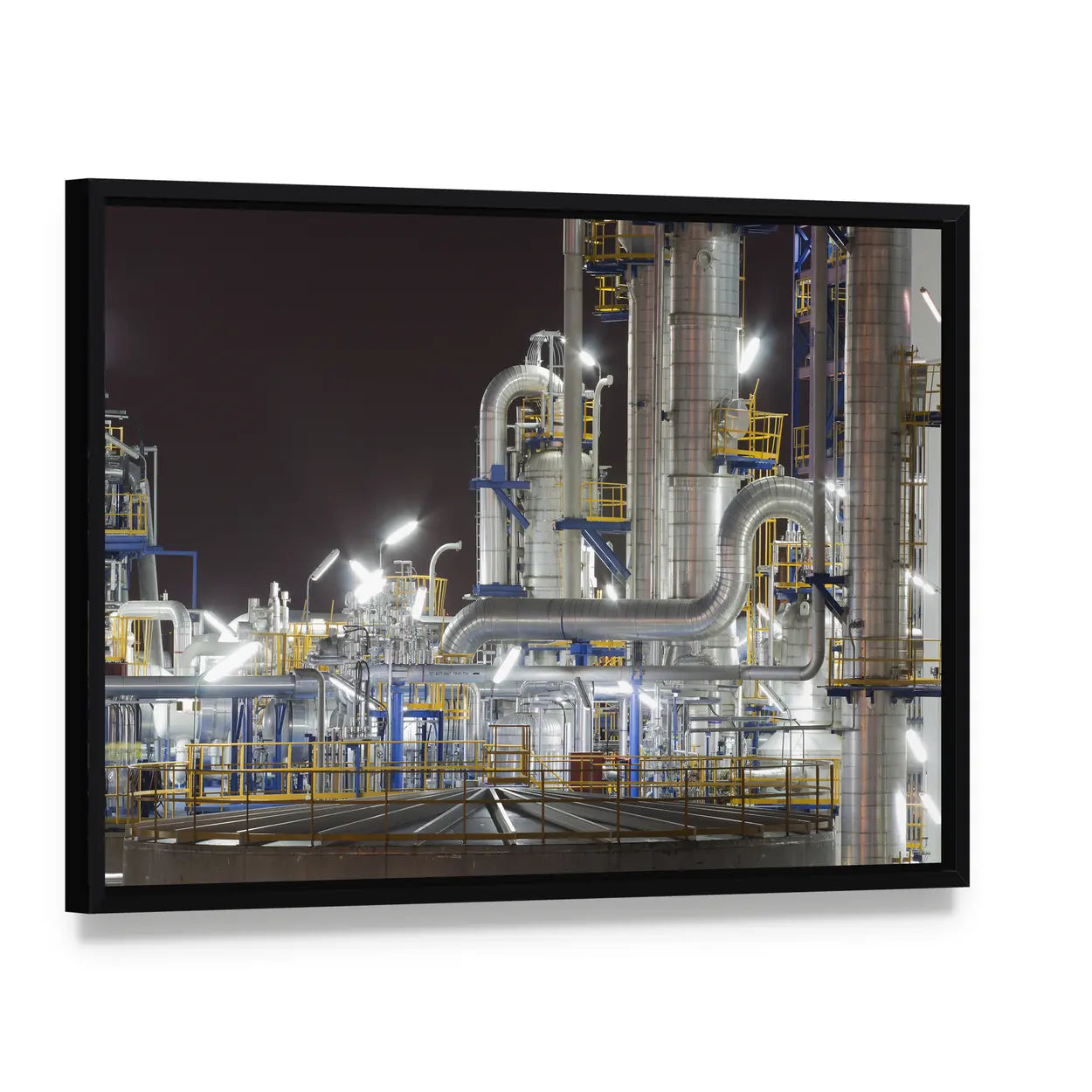 Chemical Industrial Plant at Night Canvas Wall Art, framed canvas in a black floater frame, angled product view
