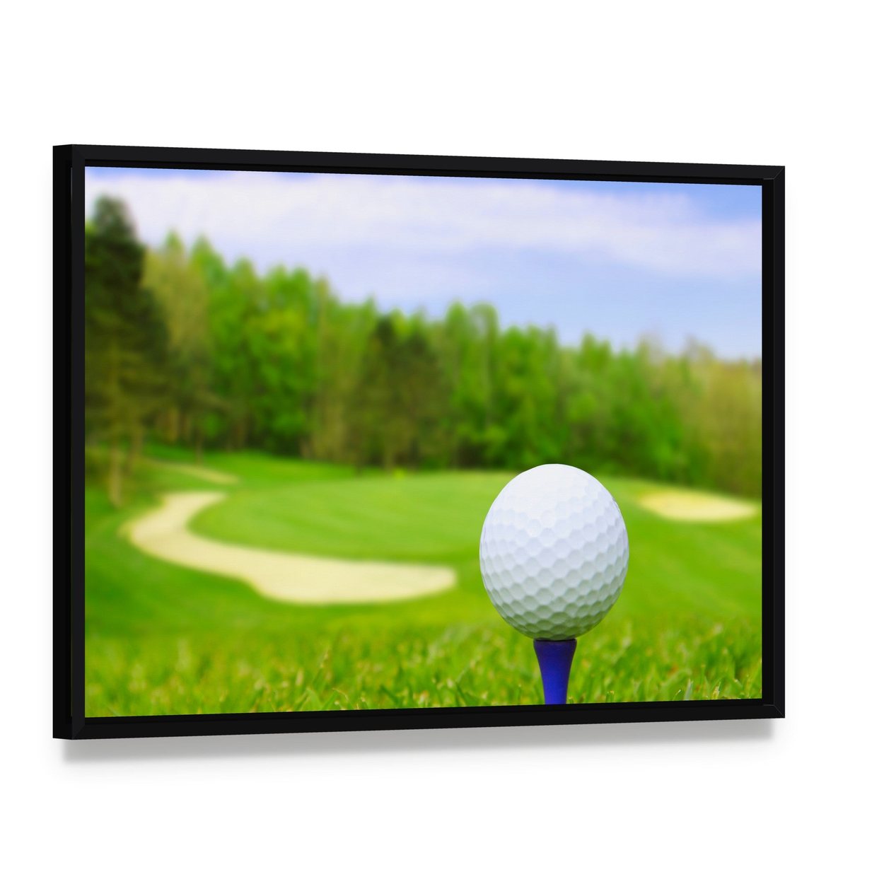 Golf Ball on Course Canvas Wall Art, framed canvas in a black floater frame, angled product view