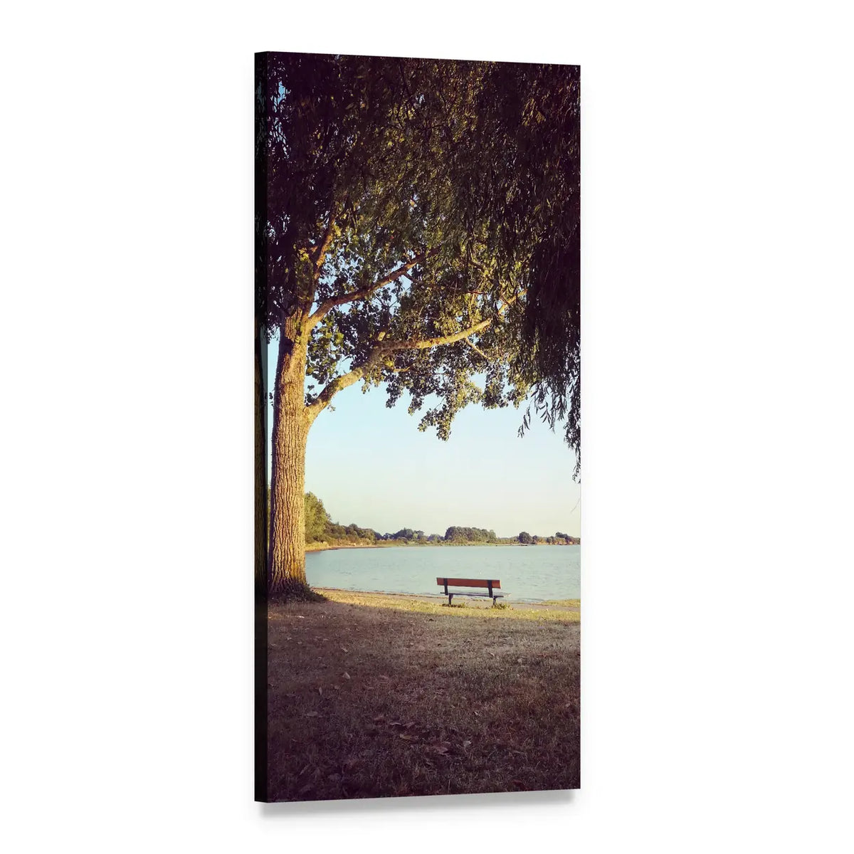 Lone Bench by Water at Willow Park Vertical Canvas Wall Art, 1 panel 1 Vertical layout gallery wrapped canvas set, angled product view