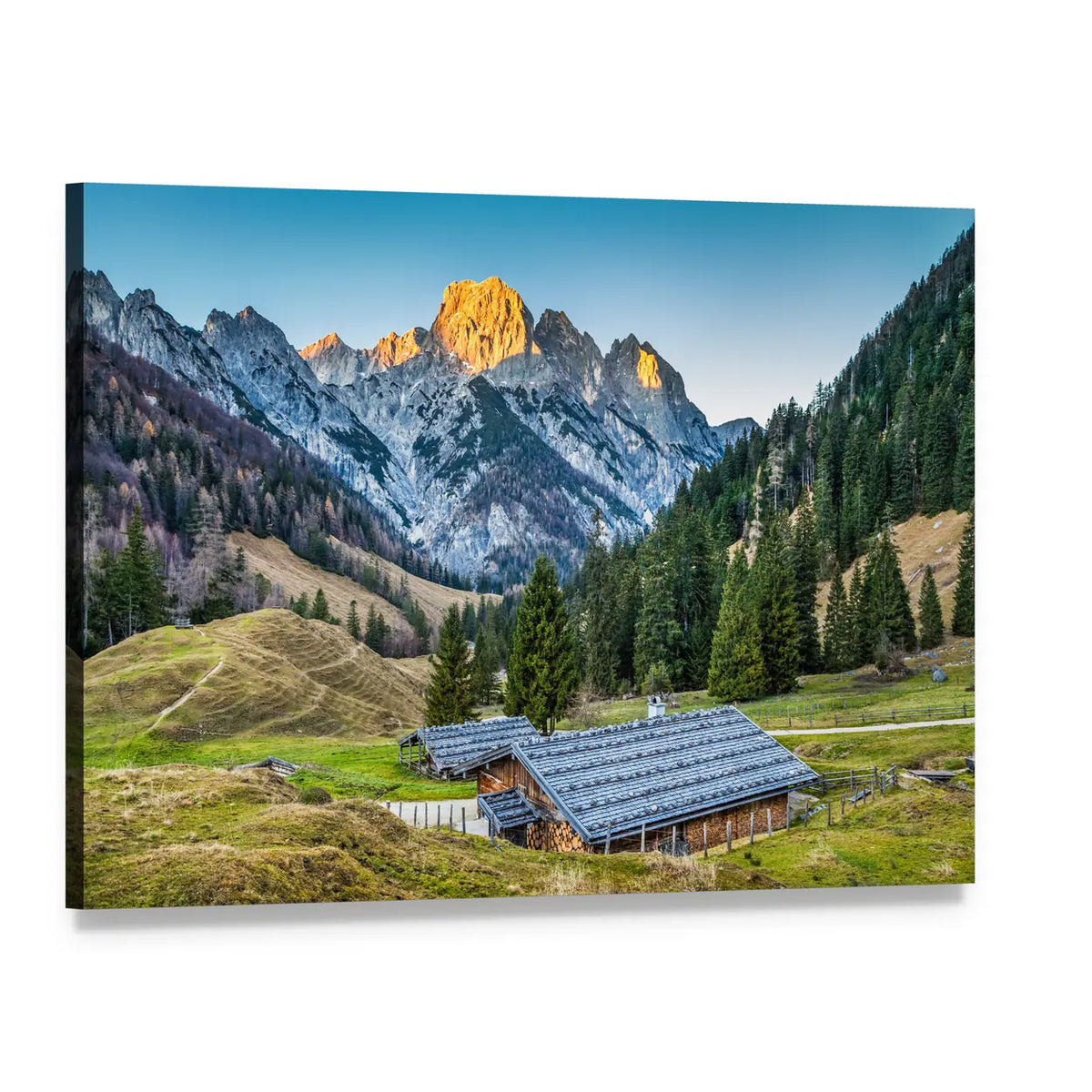 Traditional Mountain Chalets Canvas Wall Art, single panel gallery wrapped canvas, angled product view