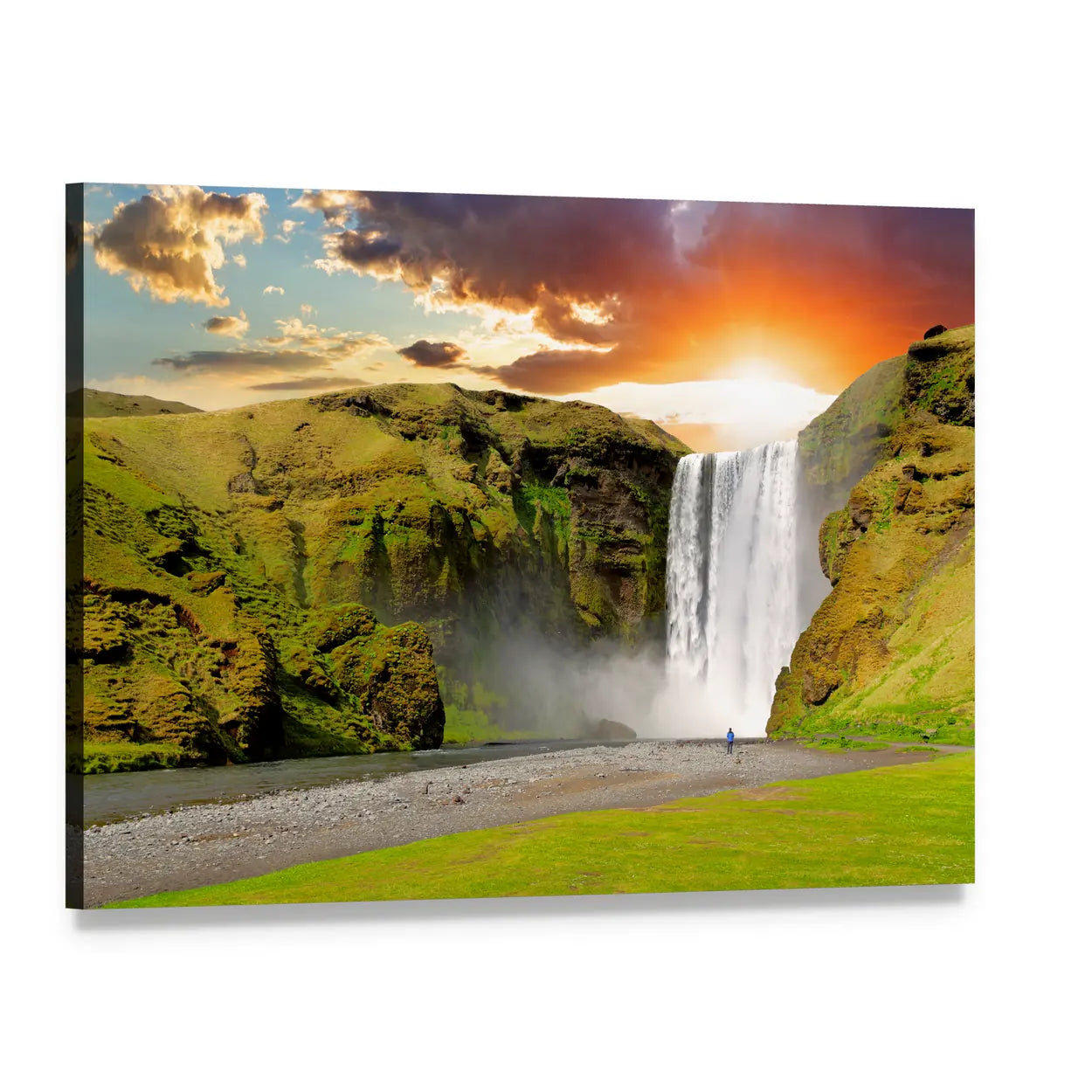 Skogafoss Waterfall At Sunset In Iceland Canvas Wall Art, single panel gallery wrapped canvas, angled product view