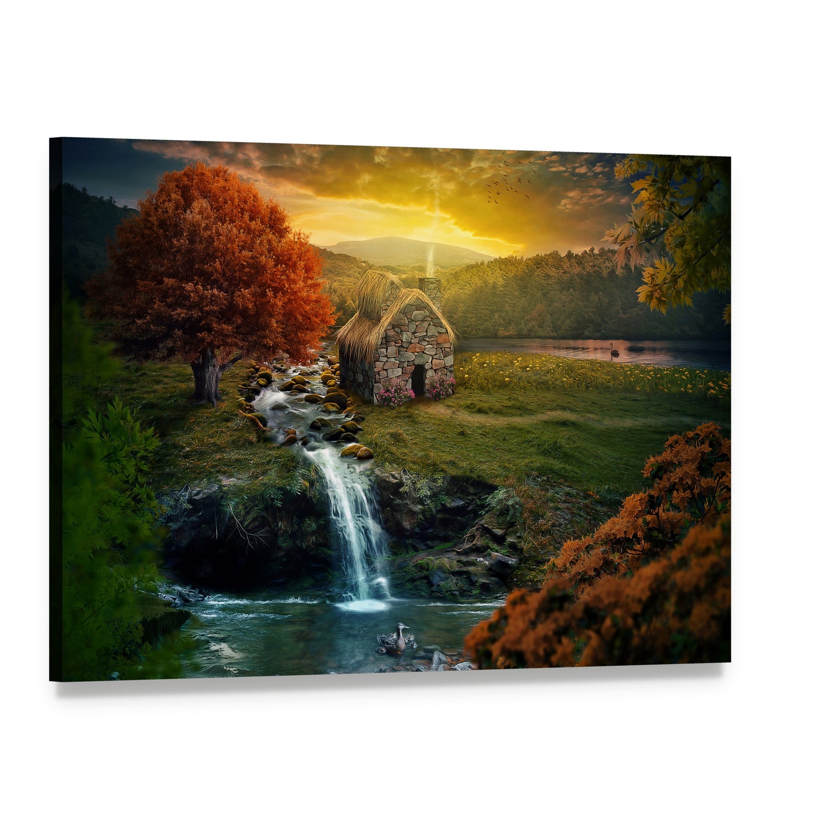 Mountain Stream with Thatched Cottage Canvas Wall Art, single panel gallery wrapped canvas, angled product view