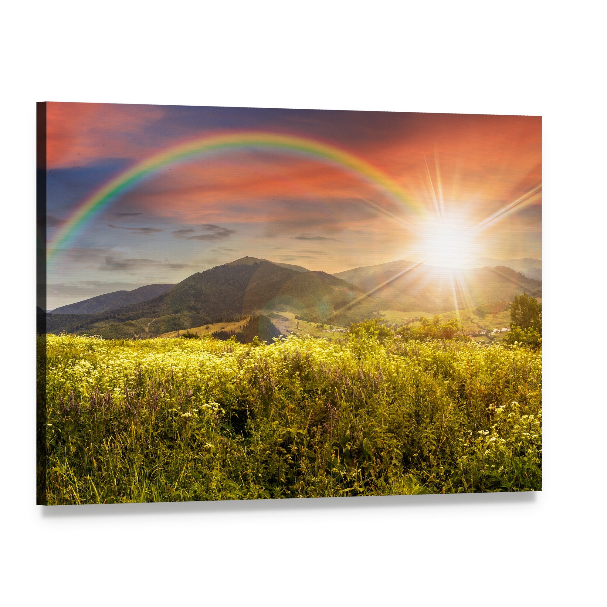 Meadow in Mountains with Rainbow Canvas Wall Art, single panel gallery wrapped canvas, angled product view