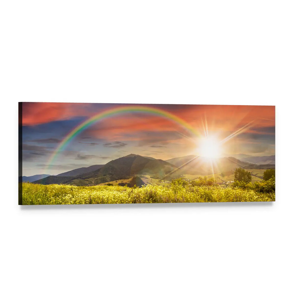 Rainbow Over Mountain Meadow at Sunset Panoramic Canvas Wall Art, single panel gallery wrapped canvas, angled product view
