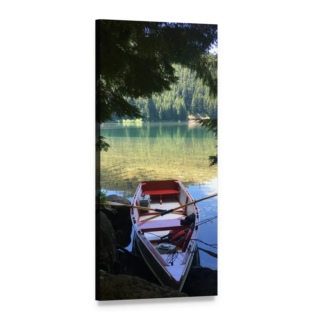 Rowboat with Red Interior on Fishing Lake Vertical Canvas Wall Art, 1 panel 1 Vertical layout gallery wrapped canvas set, angled product view