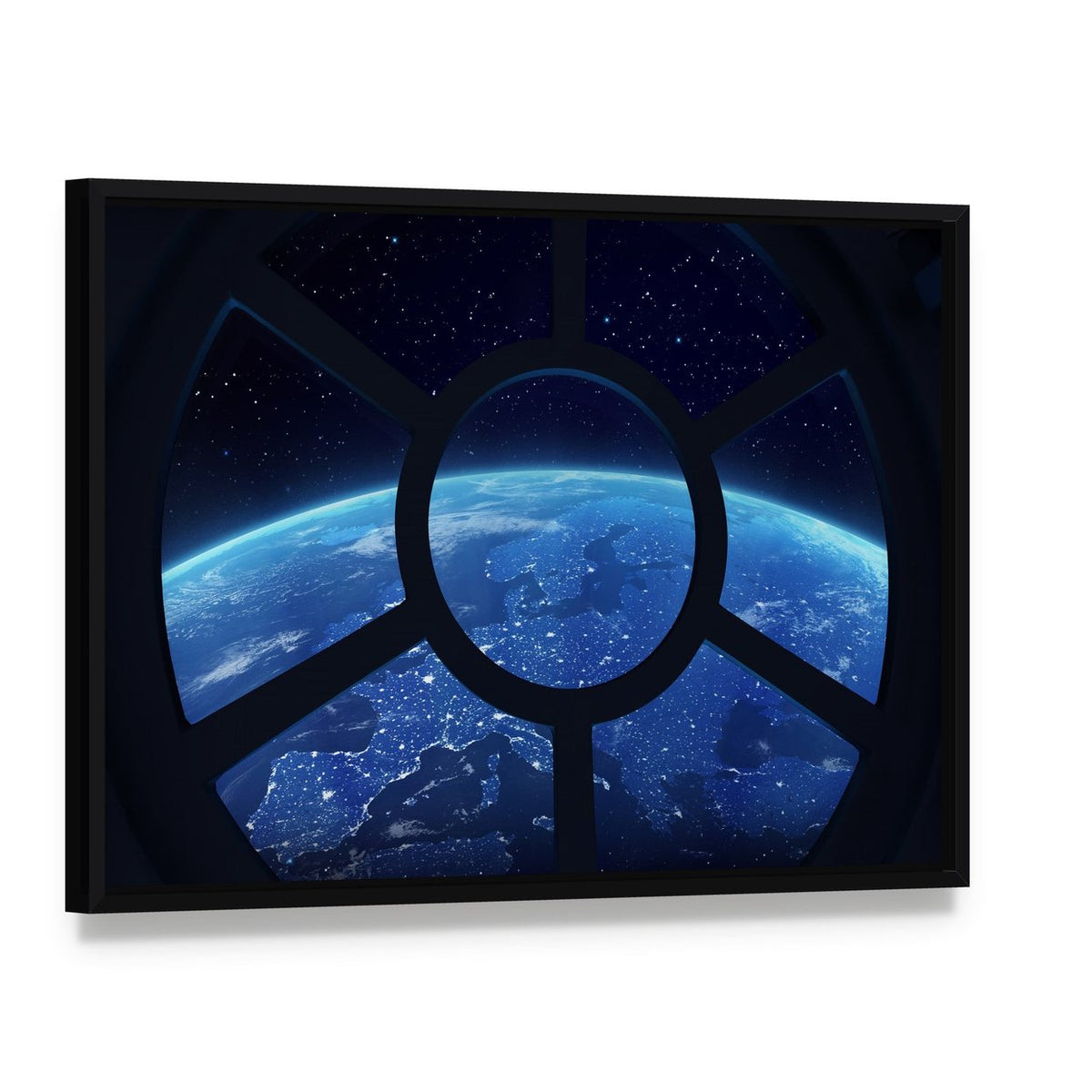 Earth View from Space Station Window Canvas Wall Art, framed canvas in a black floater frame, angled product view