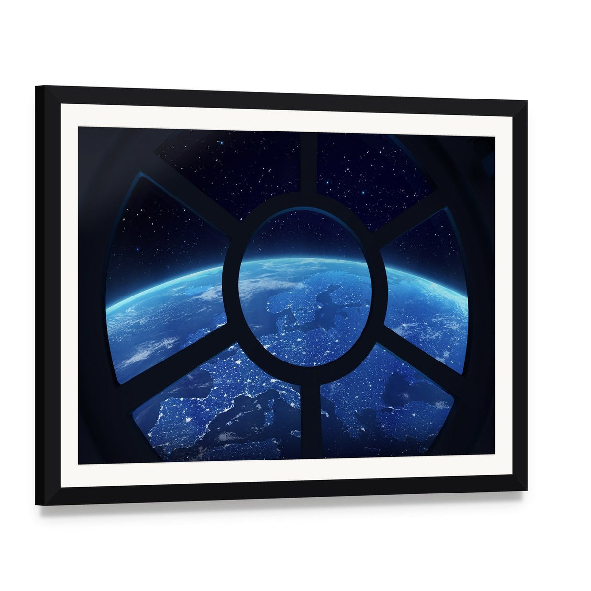 Earth View from Space Station Window Canvas Wall Art, framed print with white mat and black frame, angled product view