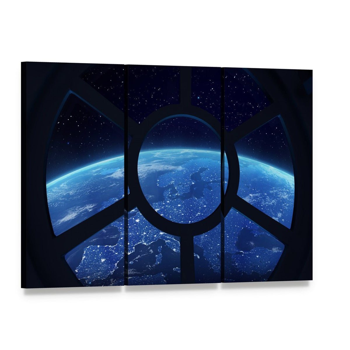 Earth View from Space Station Window Canvas Wall Art, 3 panel 3 Horizontal layout gallery wrapped canvas set, angled product view
