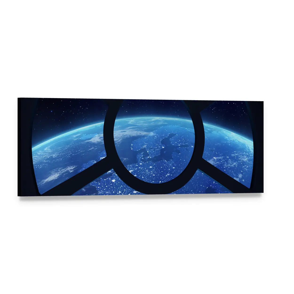 Earth Seen Through Space Station Window Panoramic Canvas Wall Art, single panel gallery wrapped canvas, angled product view