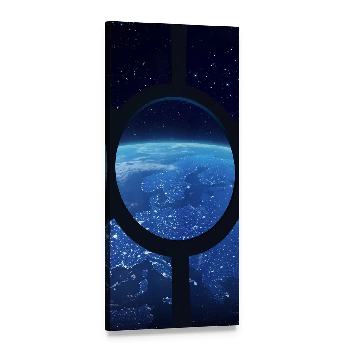 Earth Through Space Station Window Vertical Canvas Wall Art, 1 panel 1 Vertical layout gallery wrapped canvas set, angled product view
