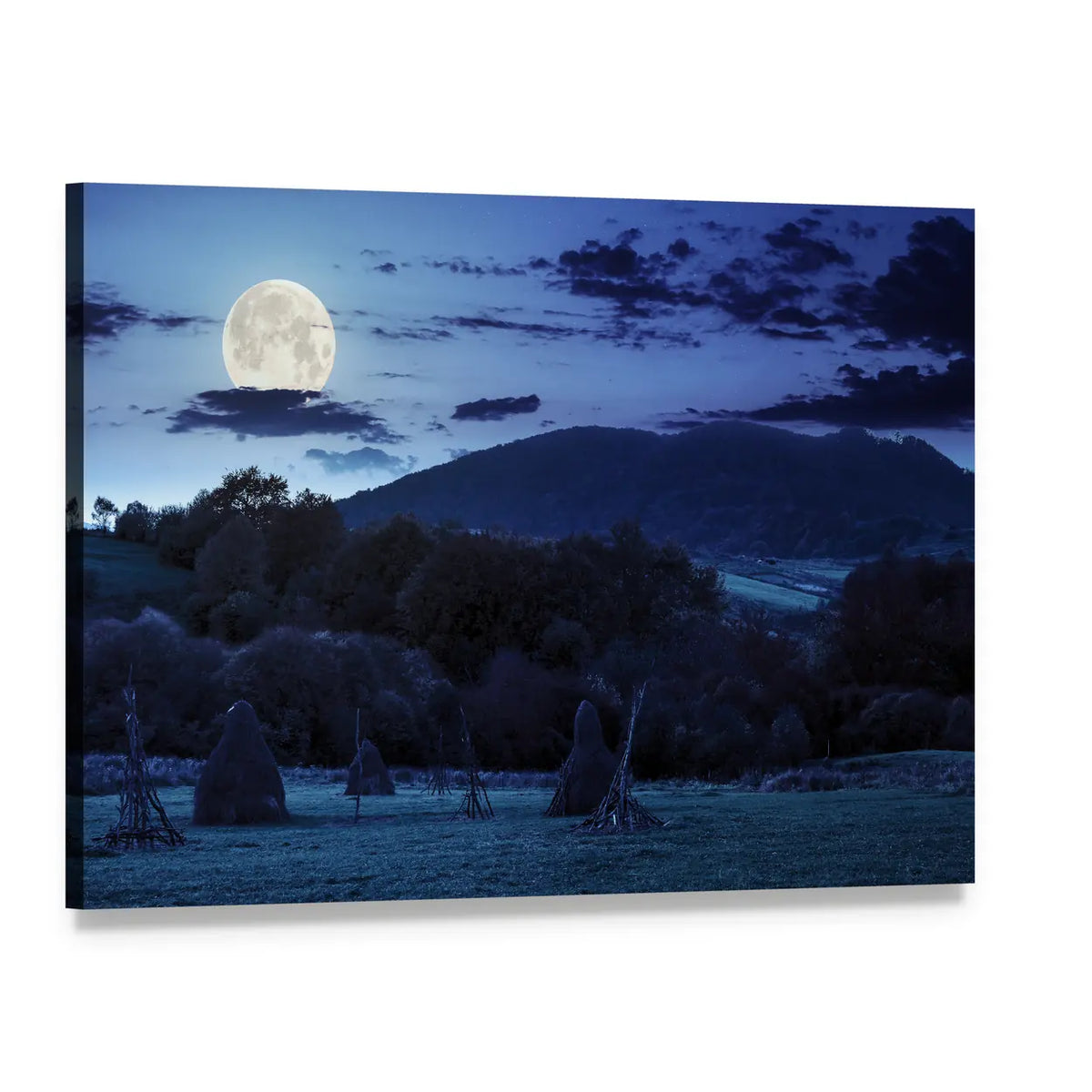 Moonlit Haystacks and Mountains Canvas Wall Art, single panel gallery wrapped canvas, angled product view