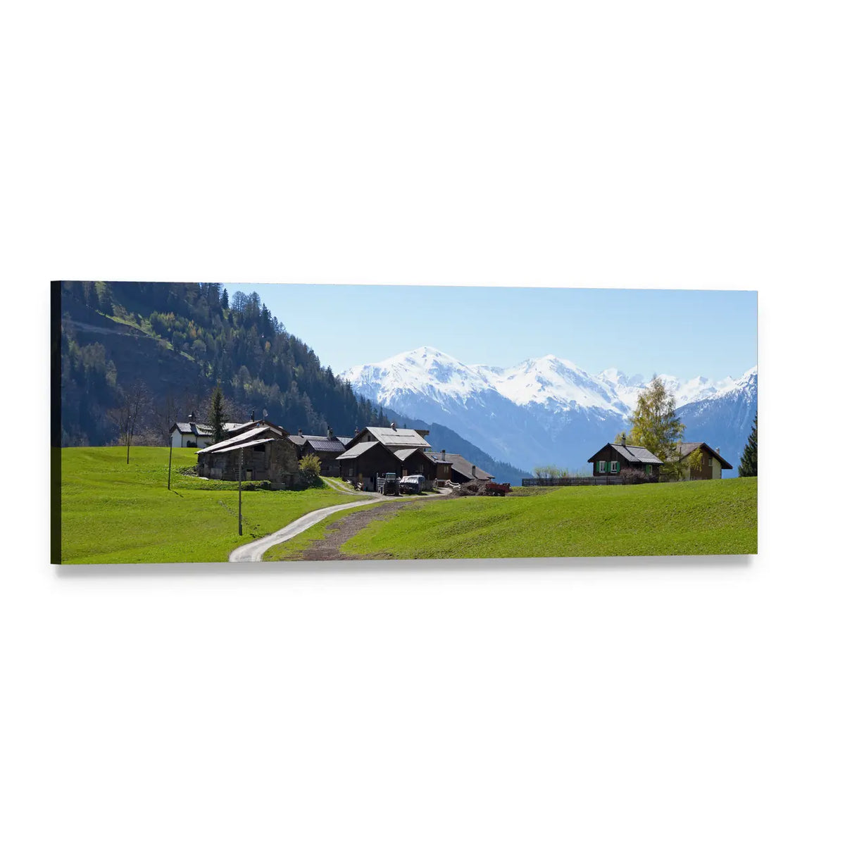 Small Farm in Swiss Alps Panoramic Canvas Wall Art, single panel gallery wrapped canvas, angled product view