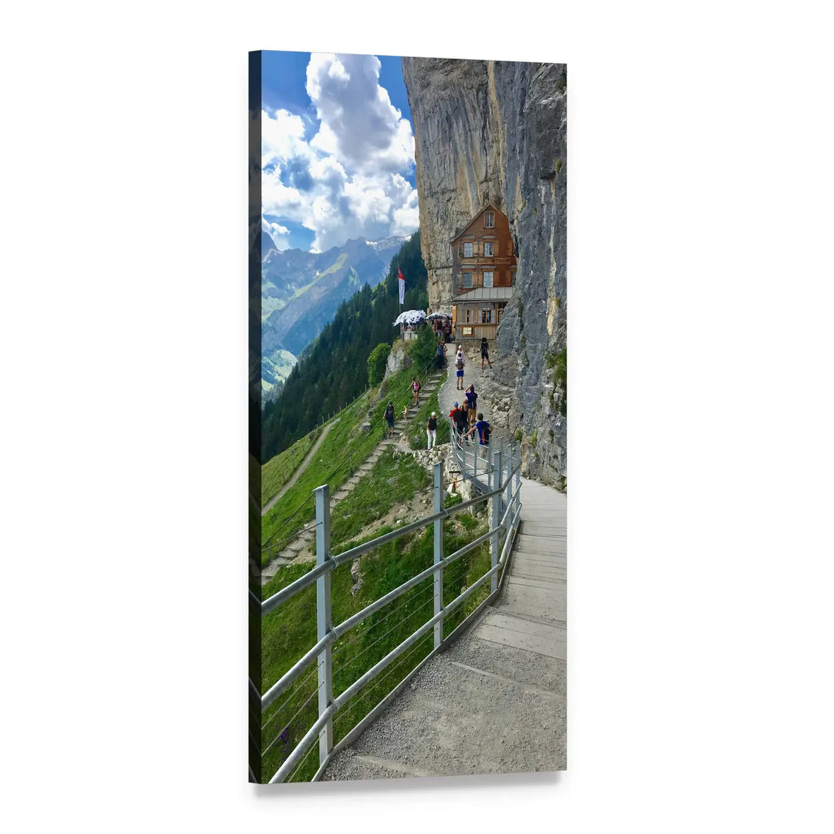 Alpine Cliffside Guesthouse on Mountain Path Vertical Canvas Wall Art, 1 panel 1 Vertical layout gallery wrapped canvas set, angled product view