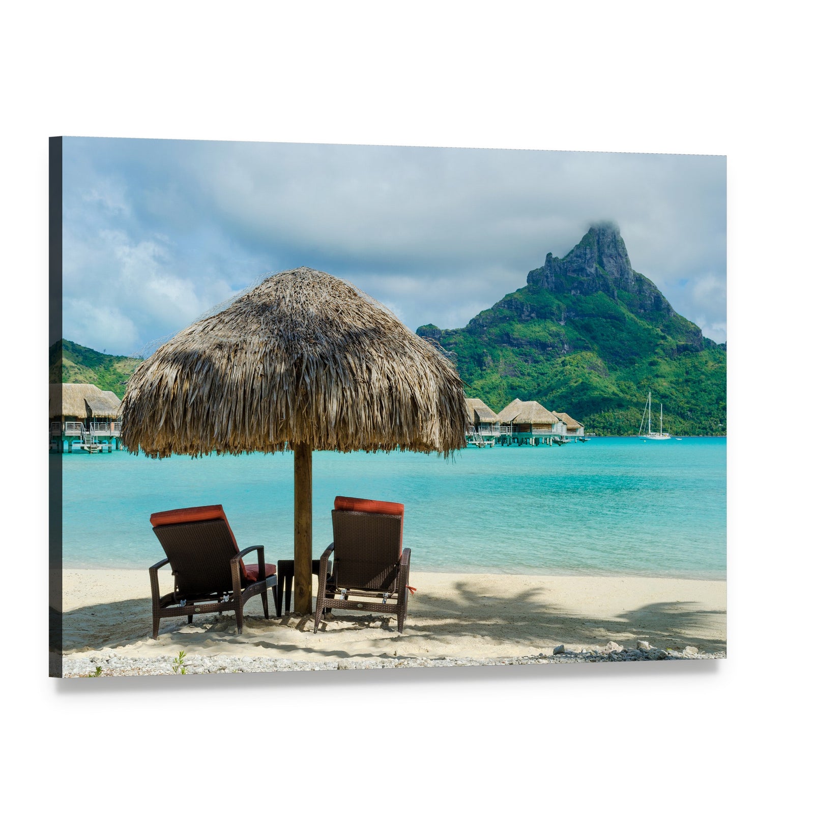 Sunloungers on Bora Bora Beach Canvas Wall Art, single panel gallery wrapped canvas, angled product view