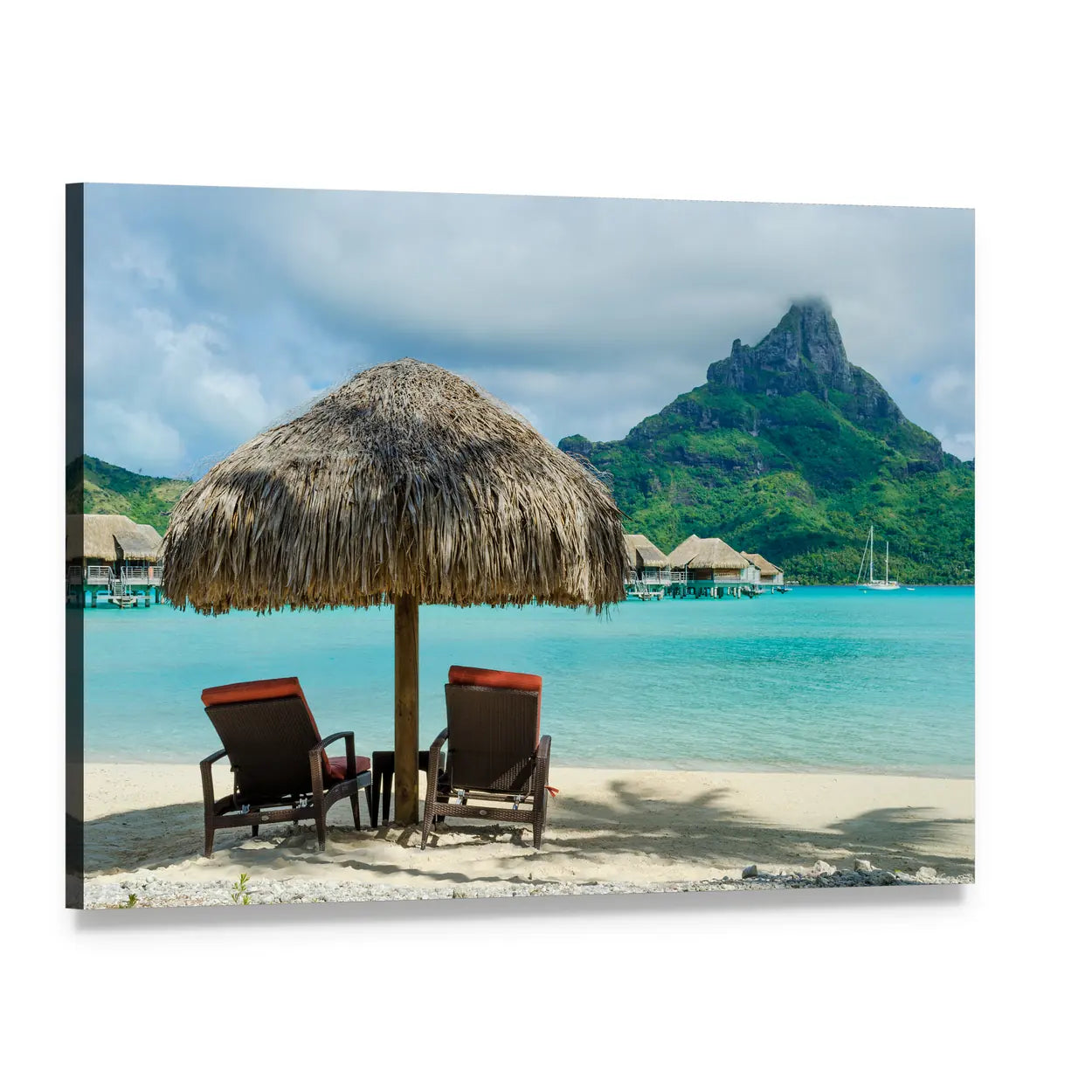 Two Sunloungers on Tropical Beach Canvas Wall Art, single panel gallery wrapped canvas, angled product view