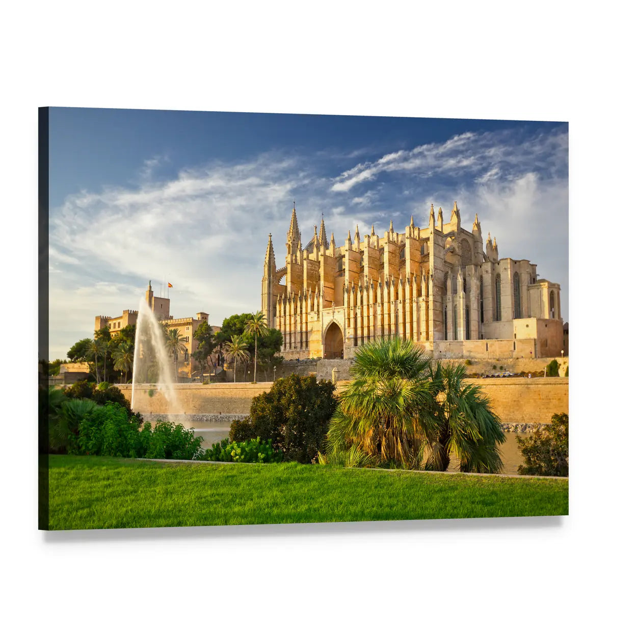 Palma Cathedral with Fountain Canvas Wall Art, single panel gallery wrapped canvas, angled product view