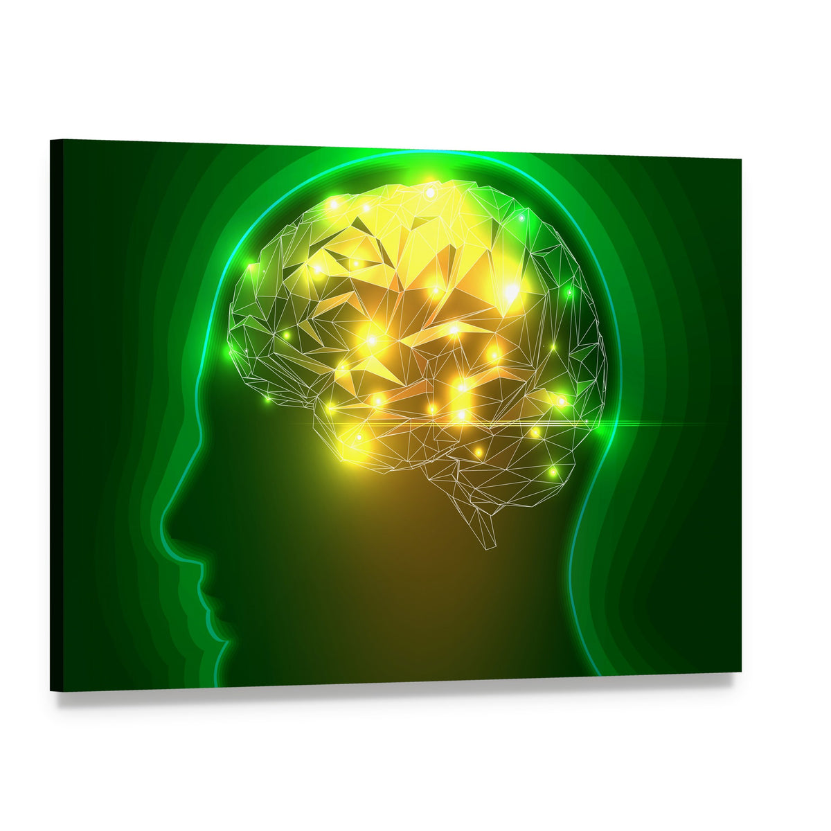 Wireframe Head with Glowing Polygonal Brain Canvas Wall Art, single panel gallery wrapped canvas, angled product view