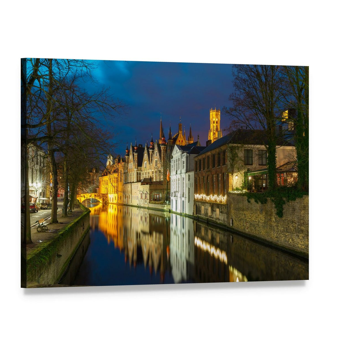Green Canal at Night with Bell Tower Canvas Wall Art, single panel gallery wrapped canvas, angled product view