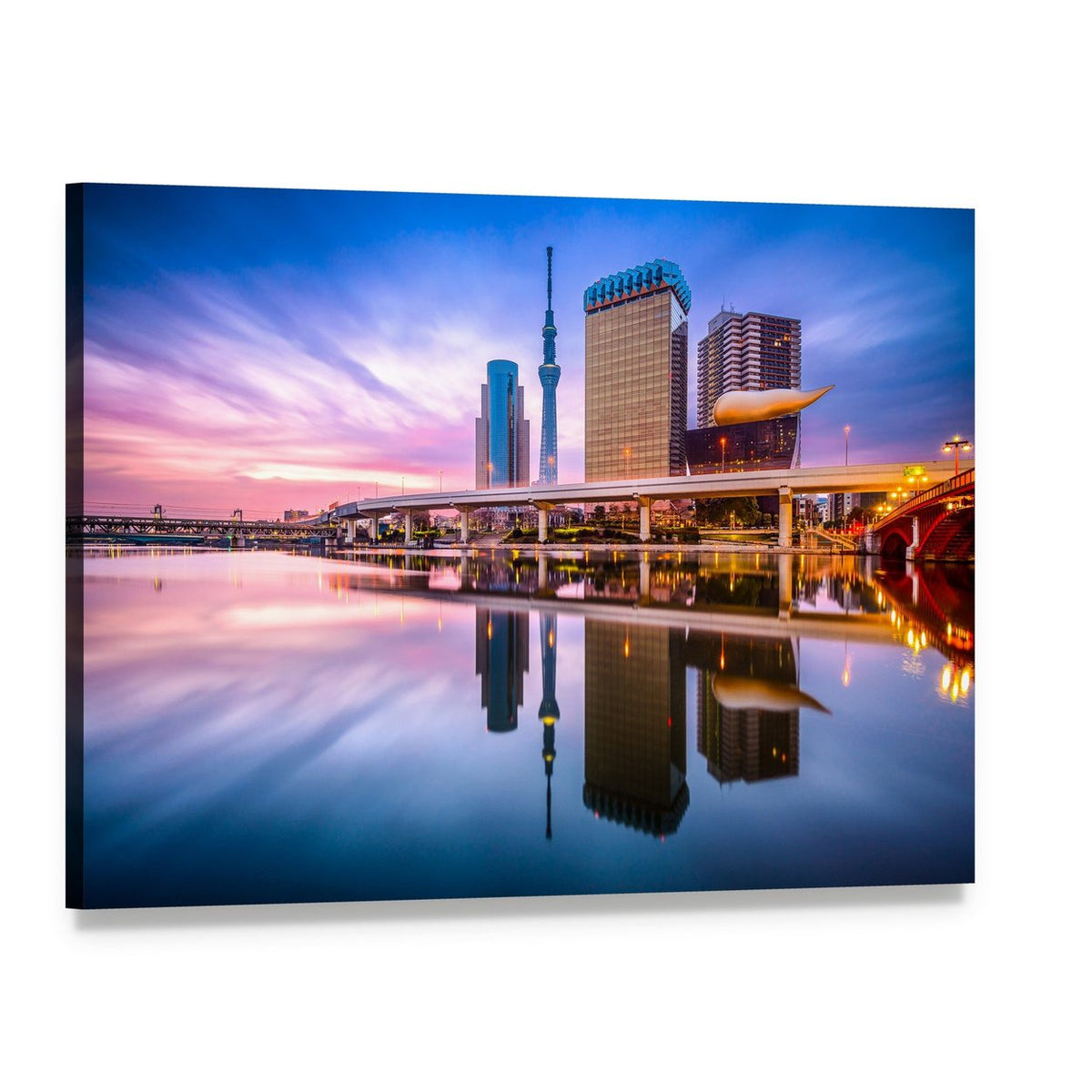 Skyline Reflection on the Sumida River at Dawn Canvas Wall Art, single panel gallery wrapped canvas, angled product view