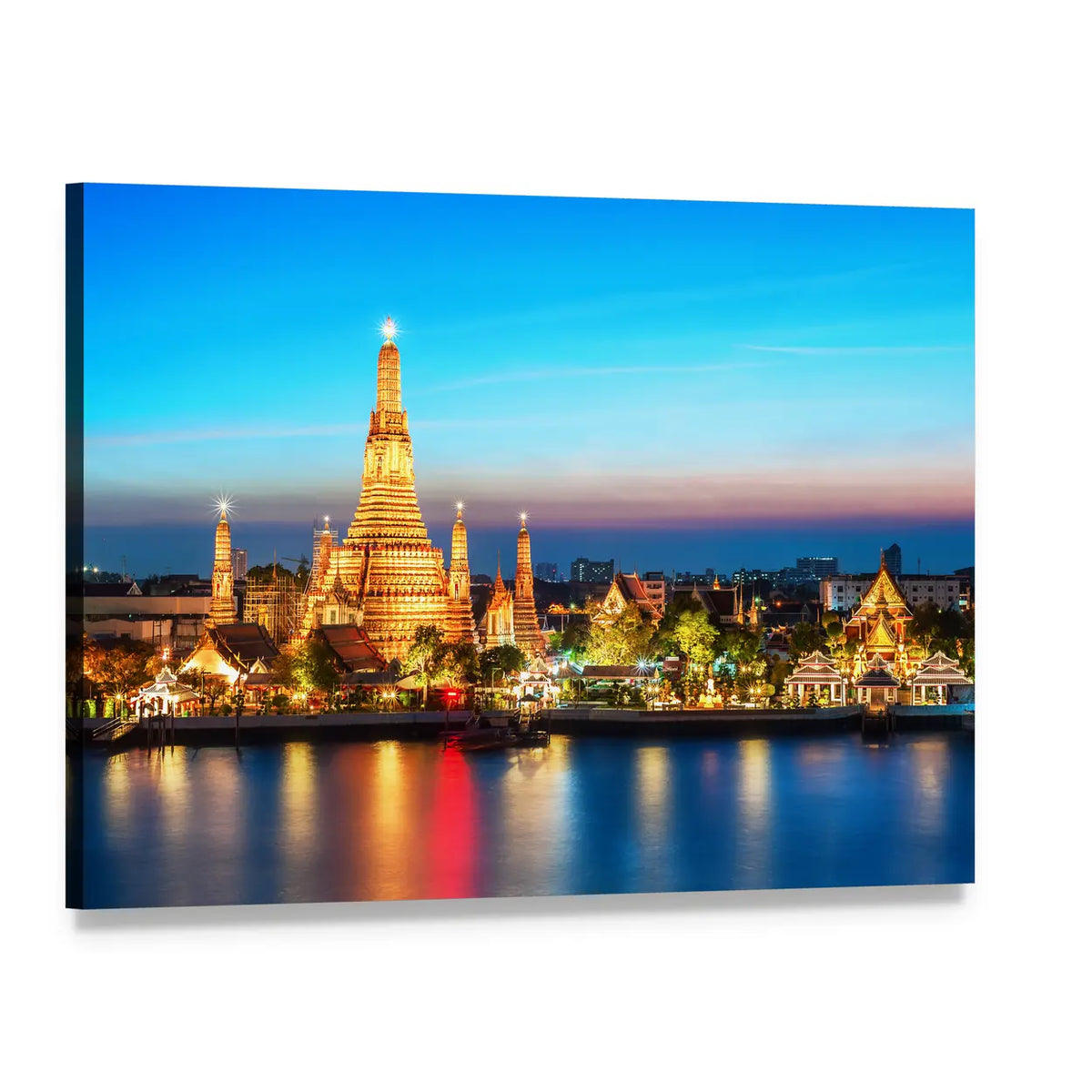 Wat Arun Night View Canvas Wall Art, single panel gallery wrapped canvas, angled product view