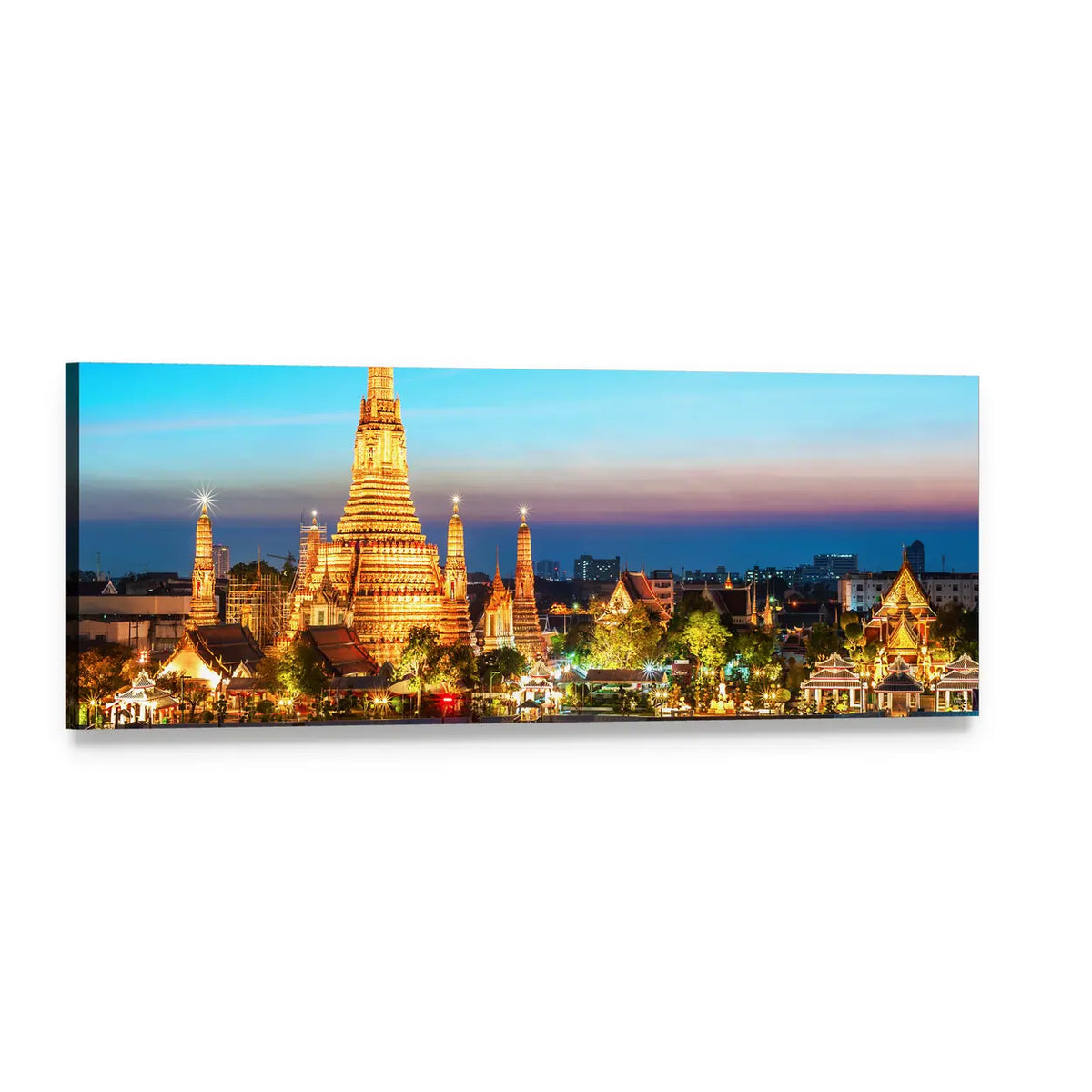 Wat Arun Temple at Dusk, Bangkok Panoramic Canvas Wall Art, single panel gallery wrapped canvas, angled product view