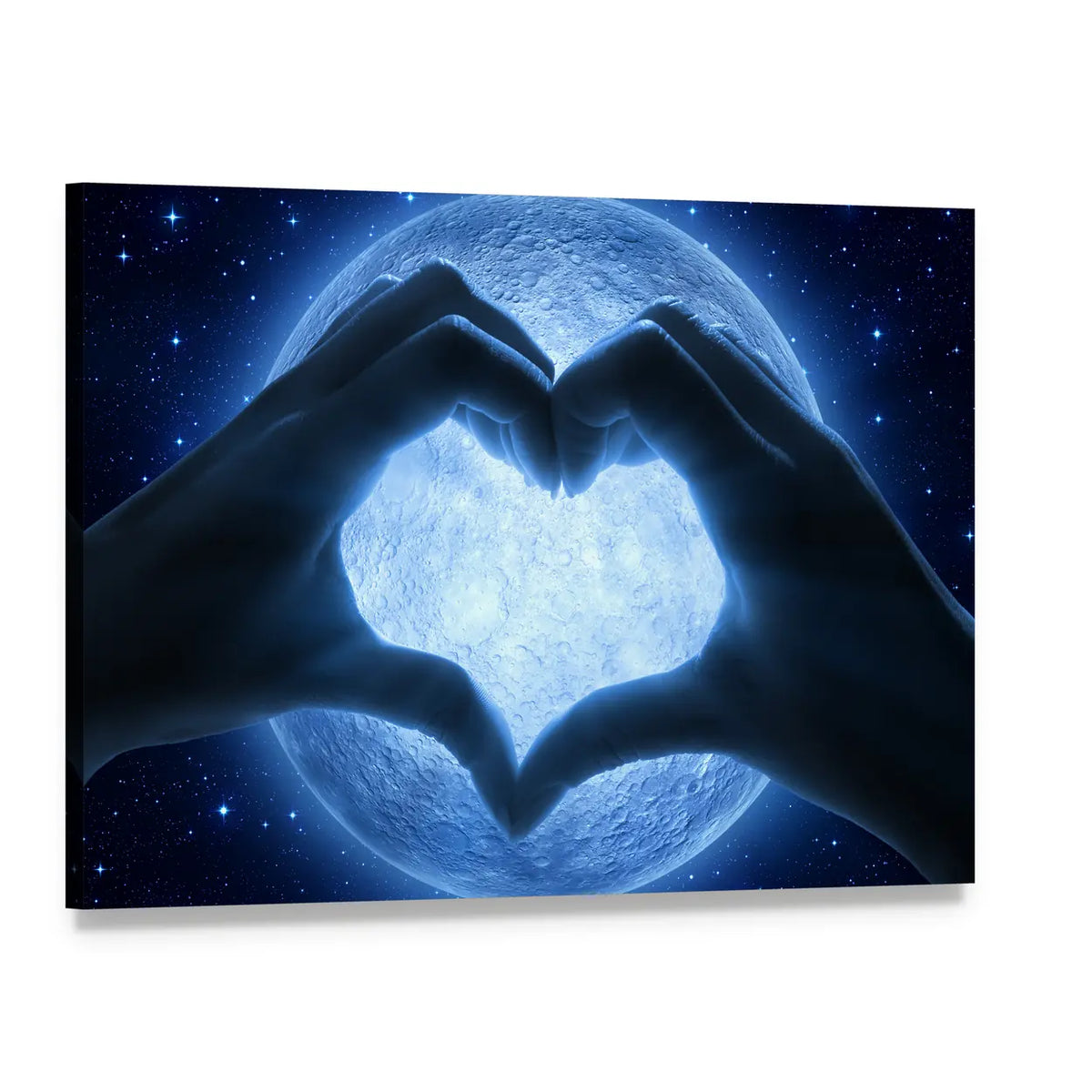 Hands Forming Heart Around Full Moon Canvas Wall Art, single panel gallery wrapped canvas, angled product view