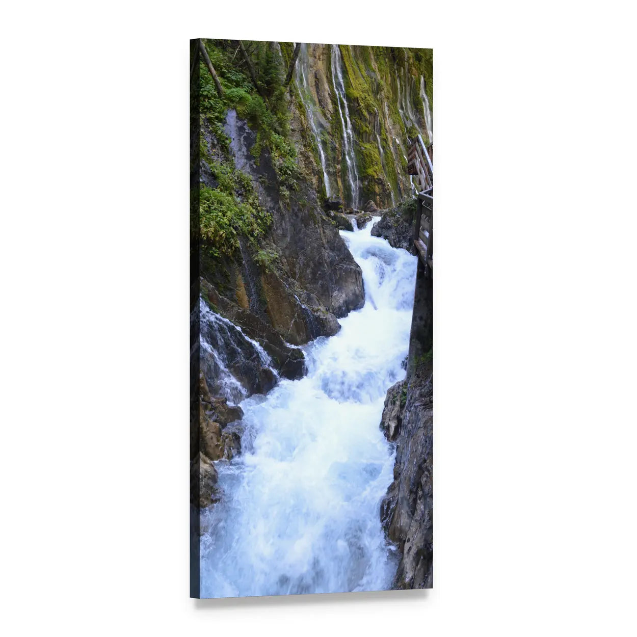 Waterfall in Mossy Rocky Gorge Vertical Canvas Wall Art, 1 panel 1 Vertical layout gallery wrapped canvas set, angled product view