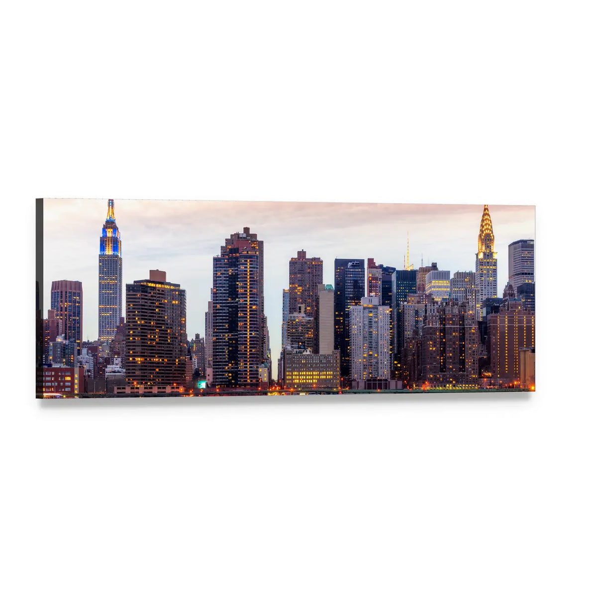 Midtown Manhattan Skyline at Dusk Panoramic Canvas Wall Art, single panel gallery wrapped canvas, angled product view