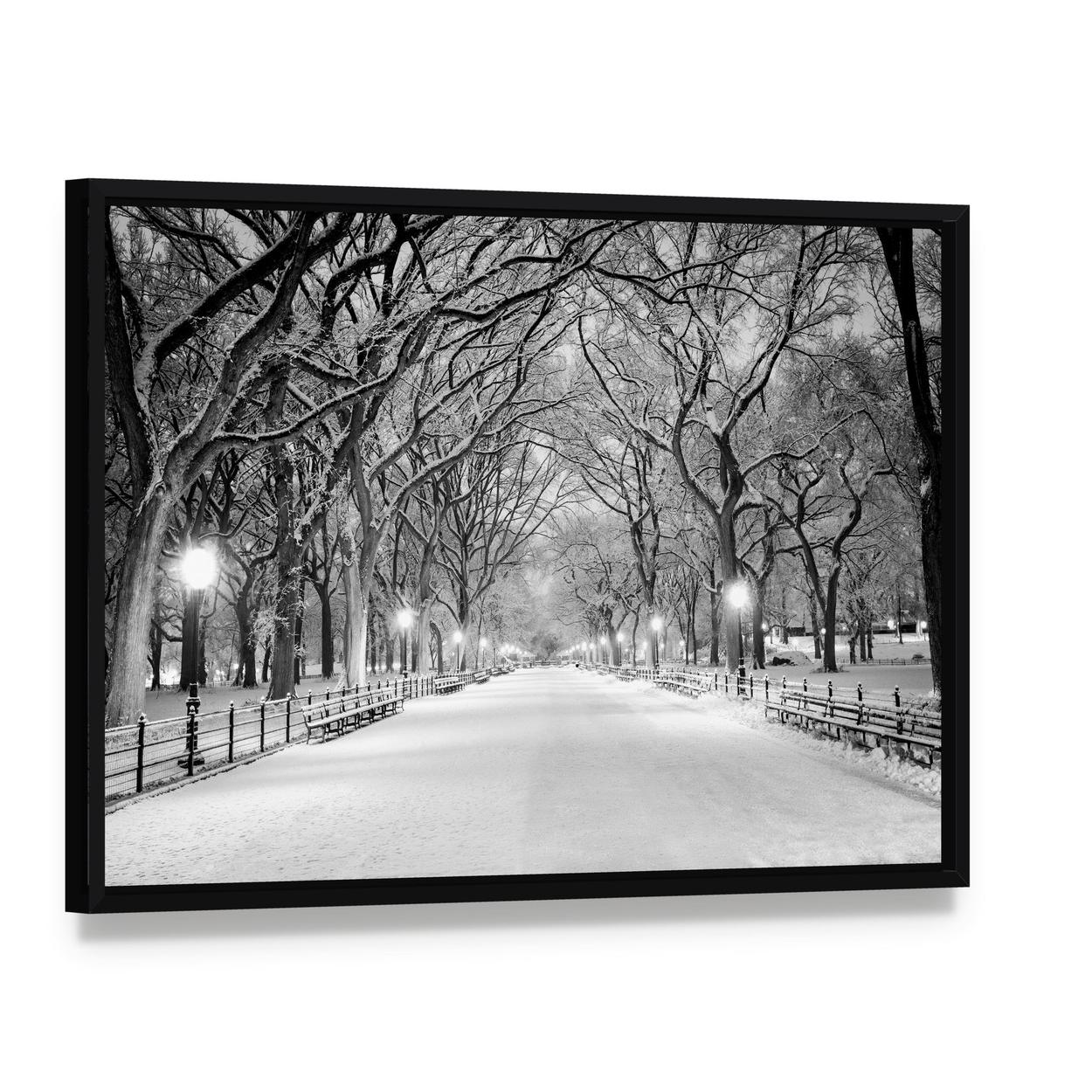 Winter Park Path with Snowy Trees Canvas Wall Art, framed canvas in a black floater frame, angled product view