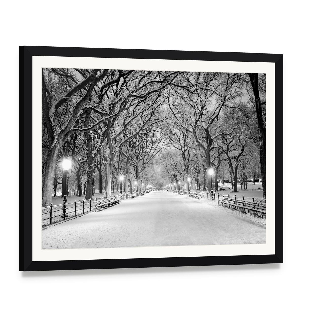 Winter Park Path with Snowy Trees Canvas Wall Art, framed print with white mat and black frame, angled product view
