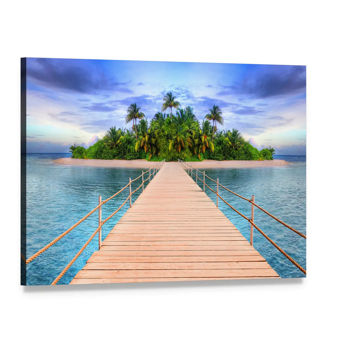 Wooden Pier to Tropical Maldives Island Canvas Wall Art, single panel gallery wrapped canvas, angled product view